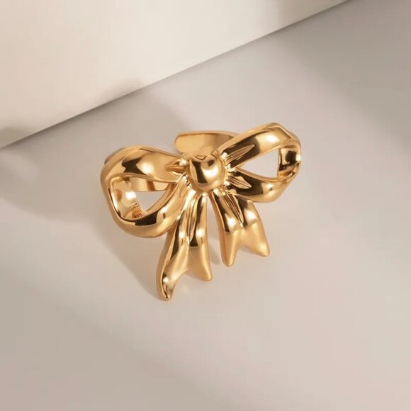 Bow knot adjustable open ring, 18k gold plated, stainless steel - Picture 1 of 5